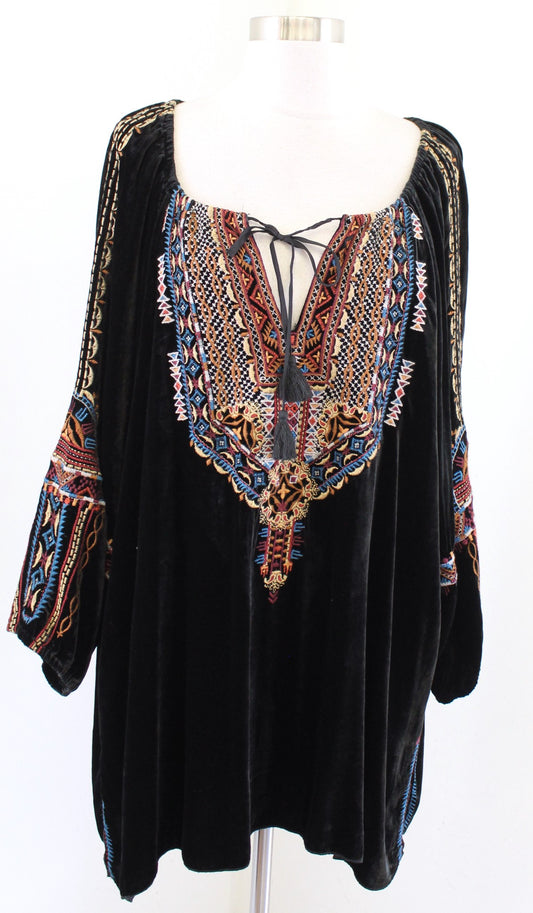 Johnny Was Naomi Black Velvet Embroidered Peasant Top Blouse Size 1X Tie Neck