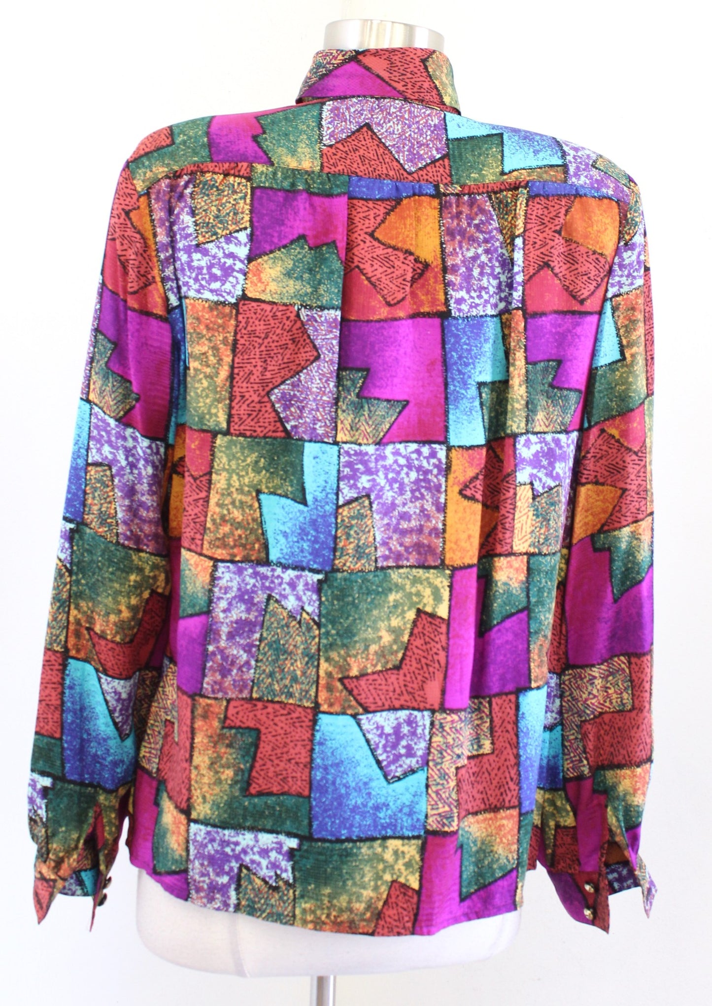 Vtg 90s Silk Abstract Colorful Print Double Breasted Button Front Blouse Size 8