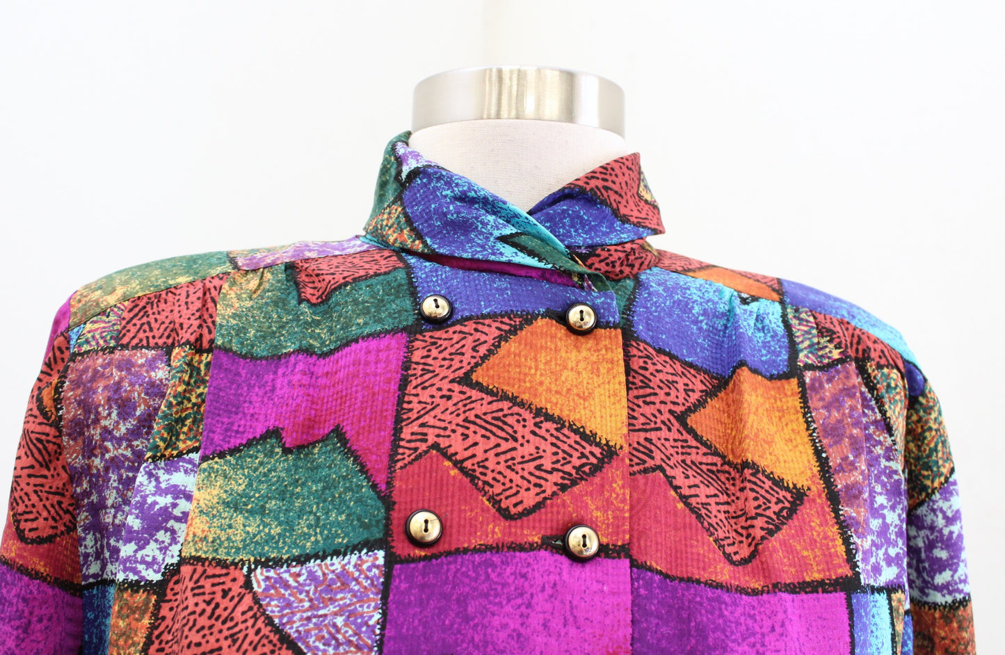 Vtg 90s Silk Abstract Colorful Print Double Breasted Button Front Blouse Size 8