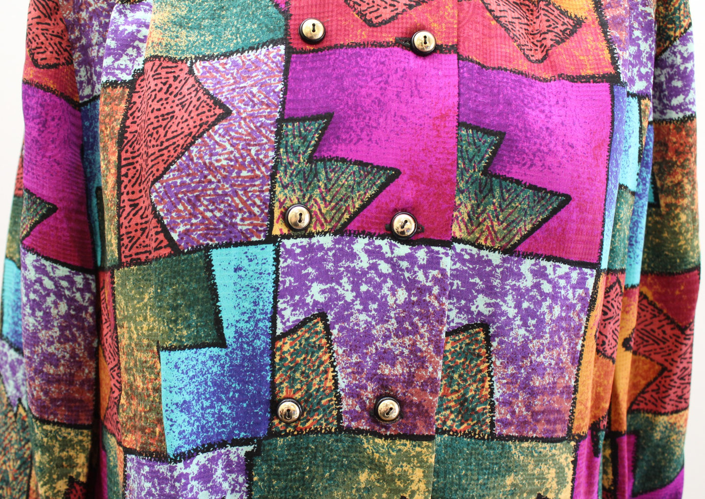 Vtg 90s Silk Abstract Colorful Print Double Breasted Button Front Blouse Size 8