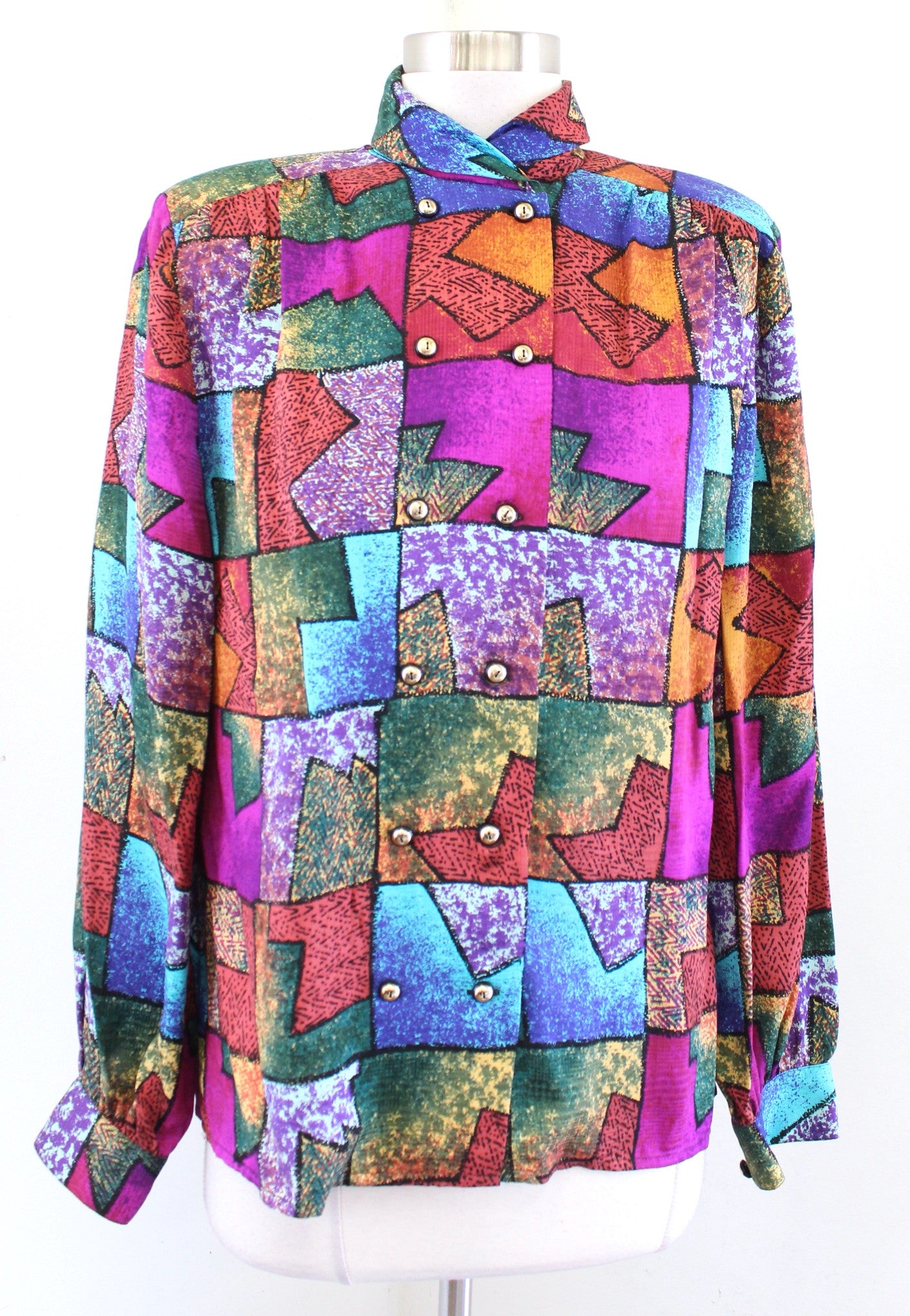 Vtg 90s Silk Abstract Colorful Print Double Breasted Button Front Blouse Size 8