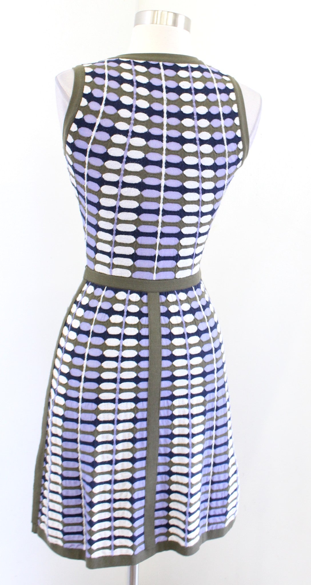 M Missoni Olive Green Blue Purple Geometric Knit Fit and Flare Fitted Dress 36