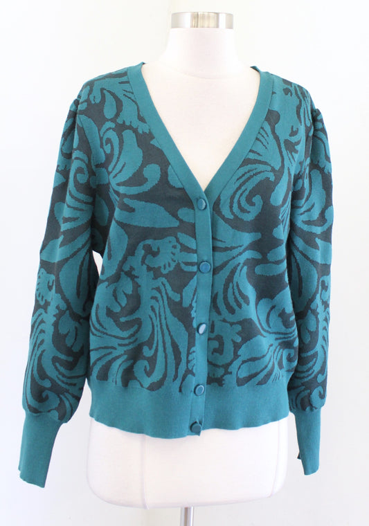 NWT Chicos Teal Mesh Jacquard V Neck Puff Sleeve Cardigan Sweater Size 2 US L
