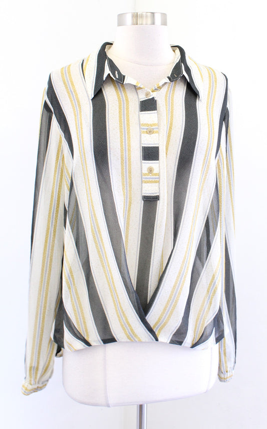 CAbi Caliber Striped Semi Sheer Twist Front Top Blouse Size M Style 4339 long sleeve