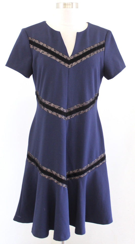 Ivanka Trump Navy Blue Velvet Lace Trim Flounce Hem Dress Size 8 Short Sleeve
