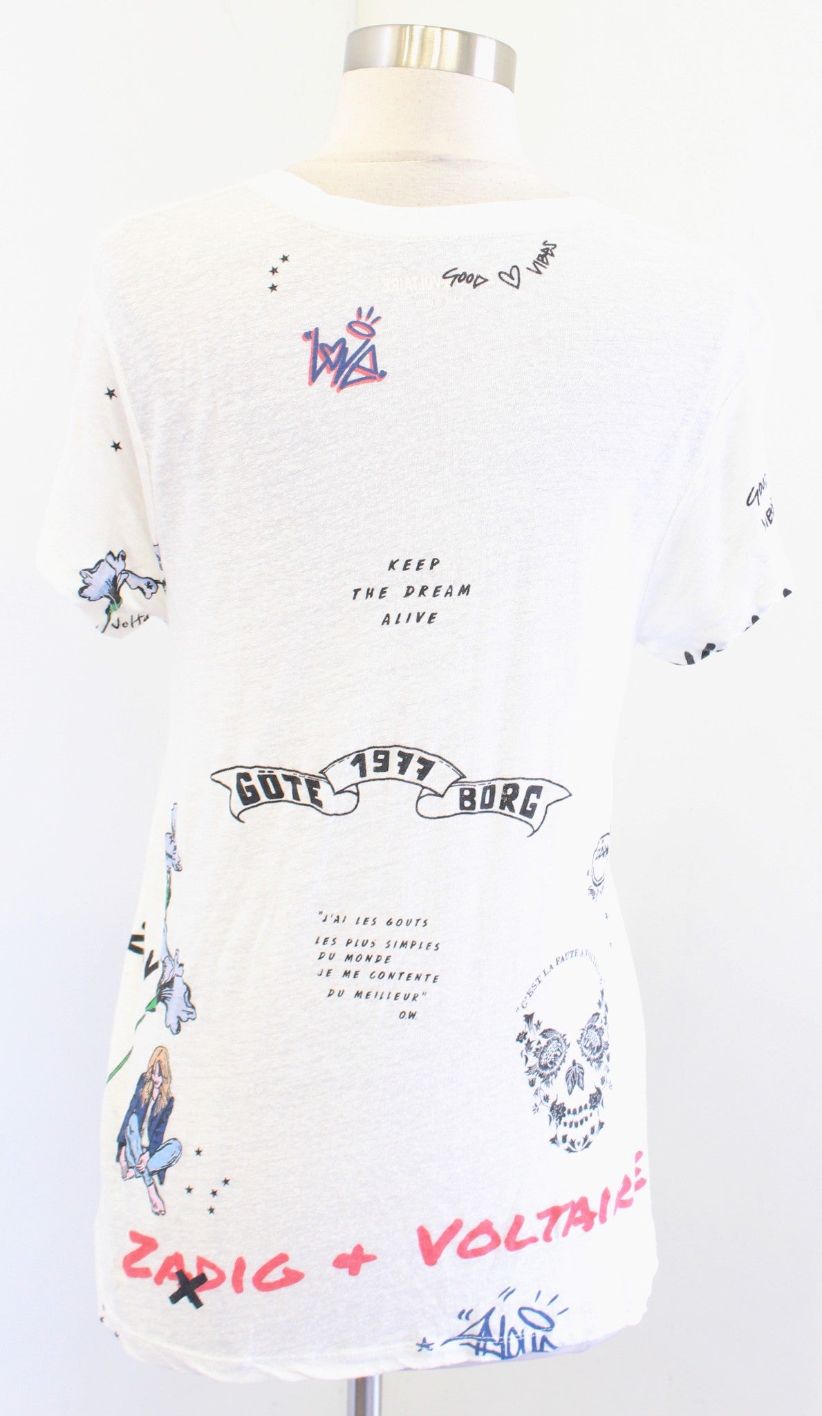 Zadig and Voltaire Zoe Off White Linen Blend Slub Tattoo Print T Shirt Top Sz XS