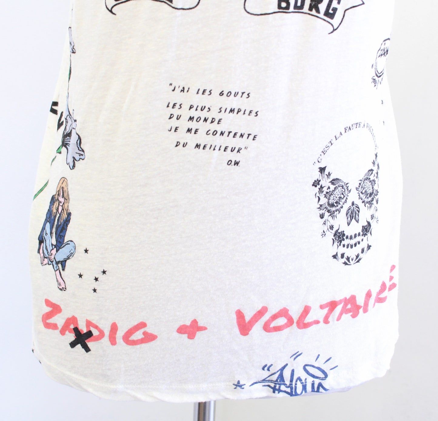 Zadig and Voltaire Zoe Off White Linen Blend Slub Tattoo Print T Shirt Top Sz XS