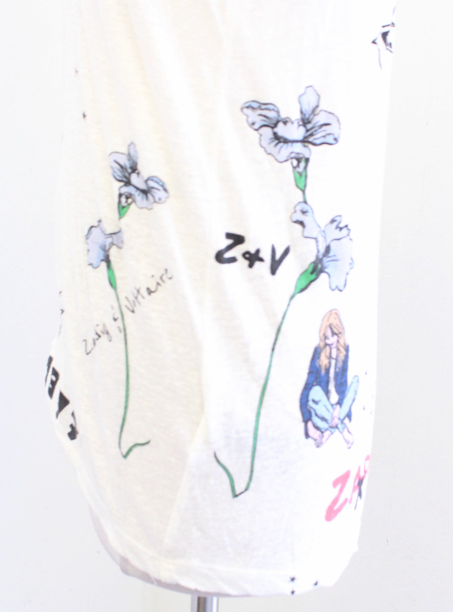 Zadig and Voltaire Zoe Off White Linen Blend Slub Tattoo Print T Shirt Top Sz XS