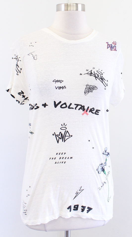 Zadig and Voltaire Zoe Off White Linen Blend Slub Tattoo Print T Shirt Top Sz XS
