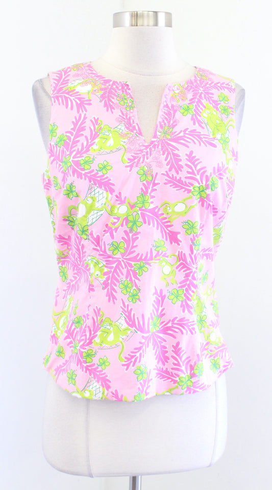 Vtg Lilly Pulitzer Pink Green Floral Monkey Print Embroidered Trim Top Blouse 4