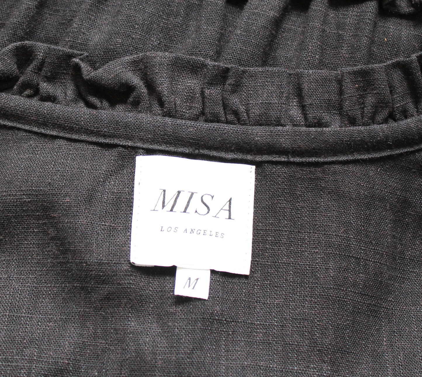 Misa Los Angeles Black Ruffle Tiered Tie Neck Dress Size M Linen Blend Smocked