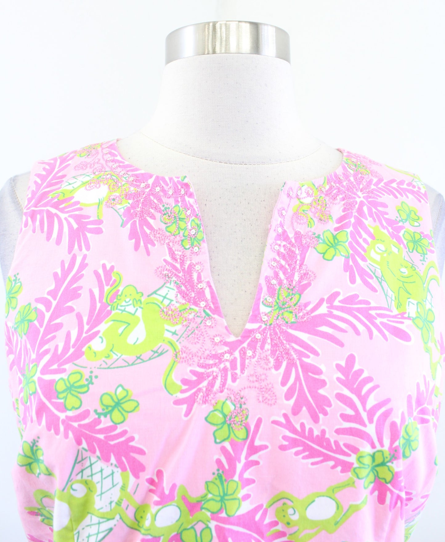 Vtg Lilly Pulitzer Pink Green Floral Monkey Print Embroidered Trim Top Blouse 4 Sleeveless