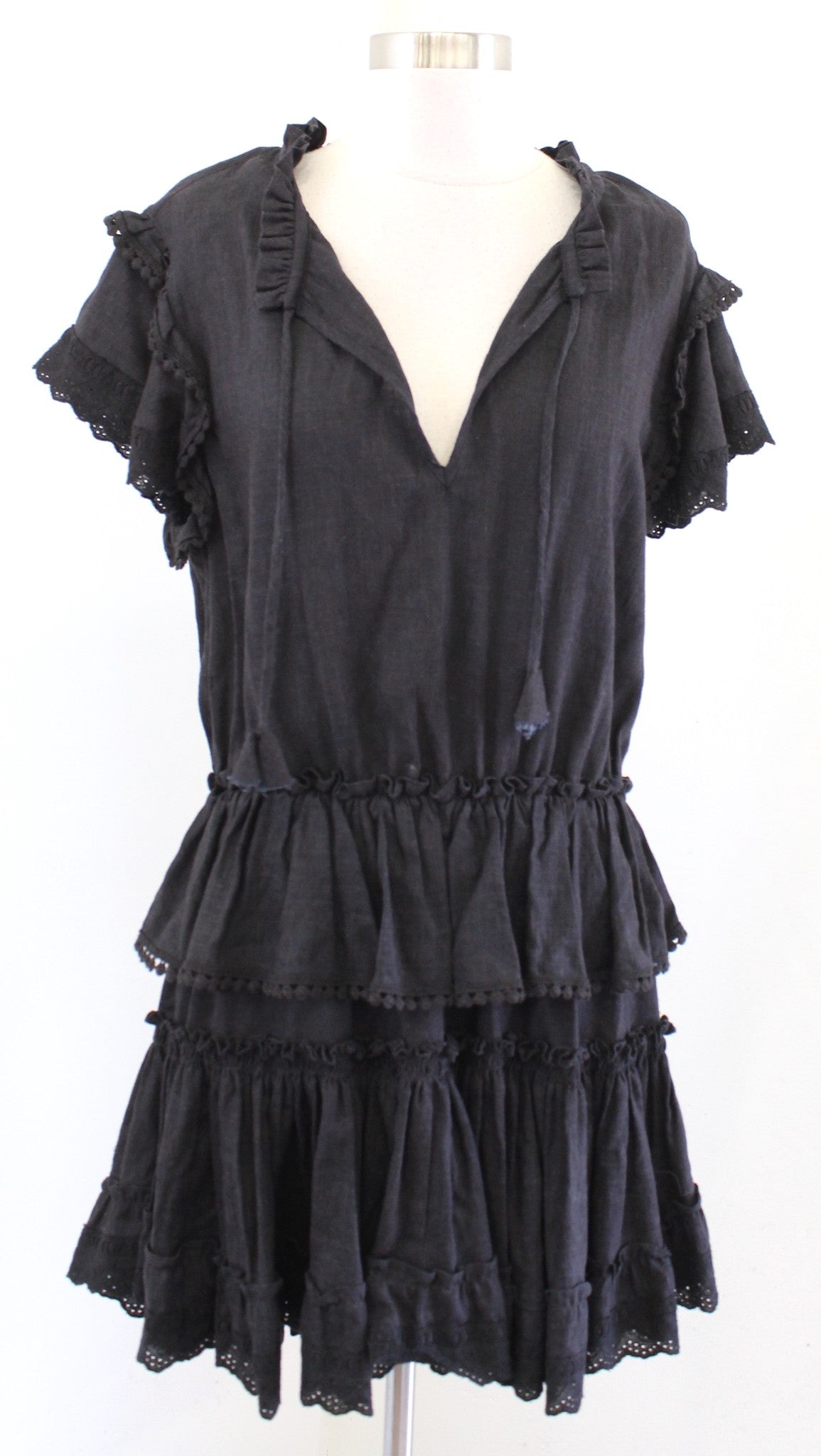 Misa Los Angeles Black Ruffle Tiered Tie Neck Dress Size M Linen Blend Smocked