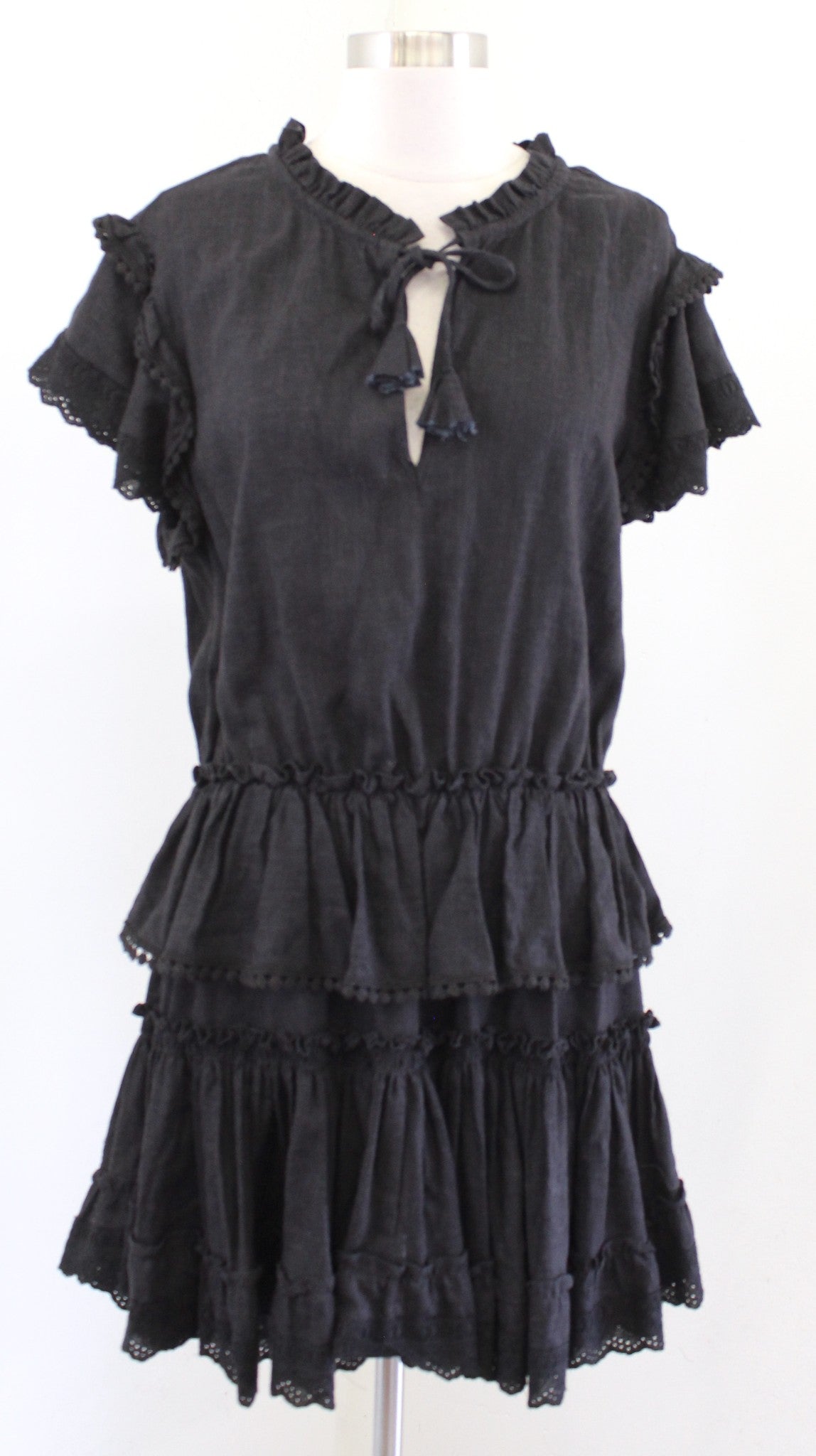 Misa Los Angeles Black Ruffle Tiered Tie Neck Dress Size M Linen Blend Smocked