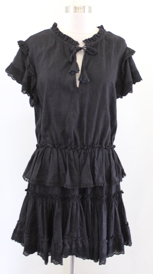 Misa Los Angeles Black Ruffle Tiered Tie Neck Dress Size M Linen Blend Smocked