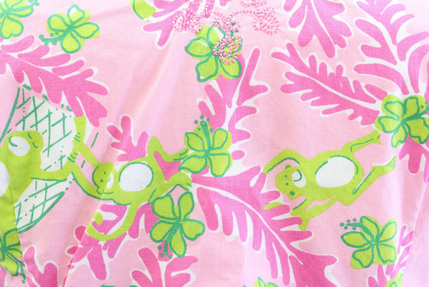 Vtg Lilly Pulitzer Pink Green Floral Monkey Print Embroidered Trim Top Blouse 4 Sleeveless