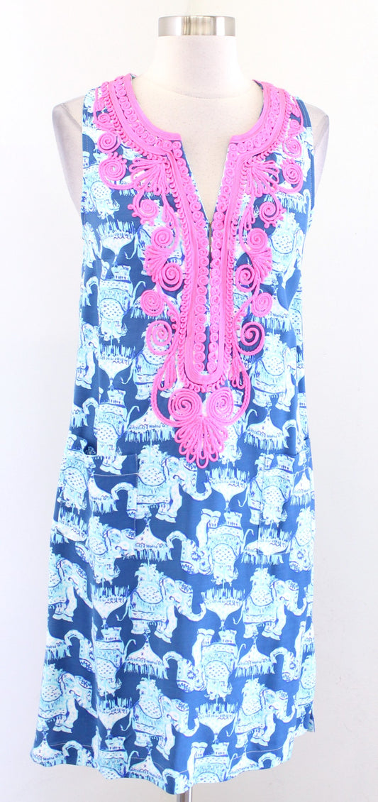 NWT Lilly Pulitzer Carlotta Blue Pink Elephant Print Shift Dress Size 2 Joy Ride