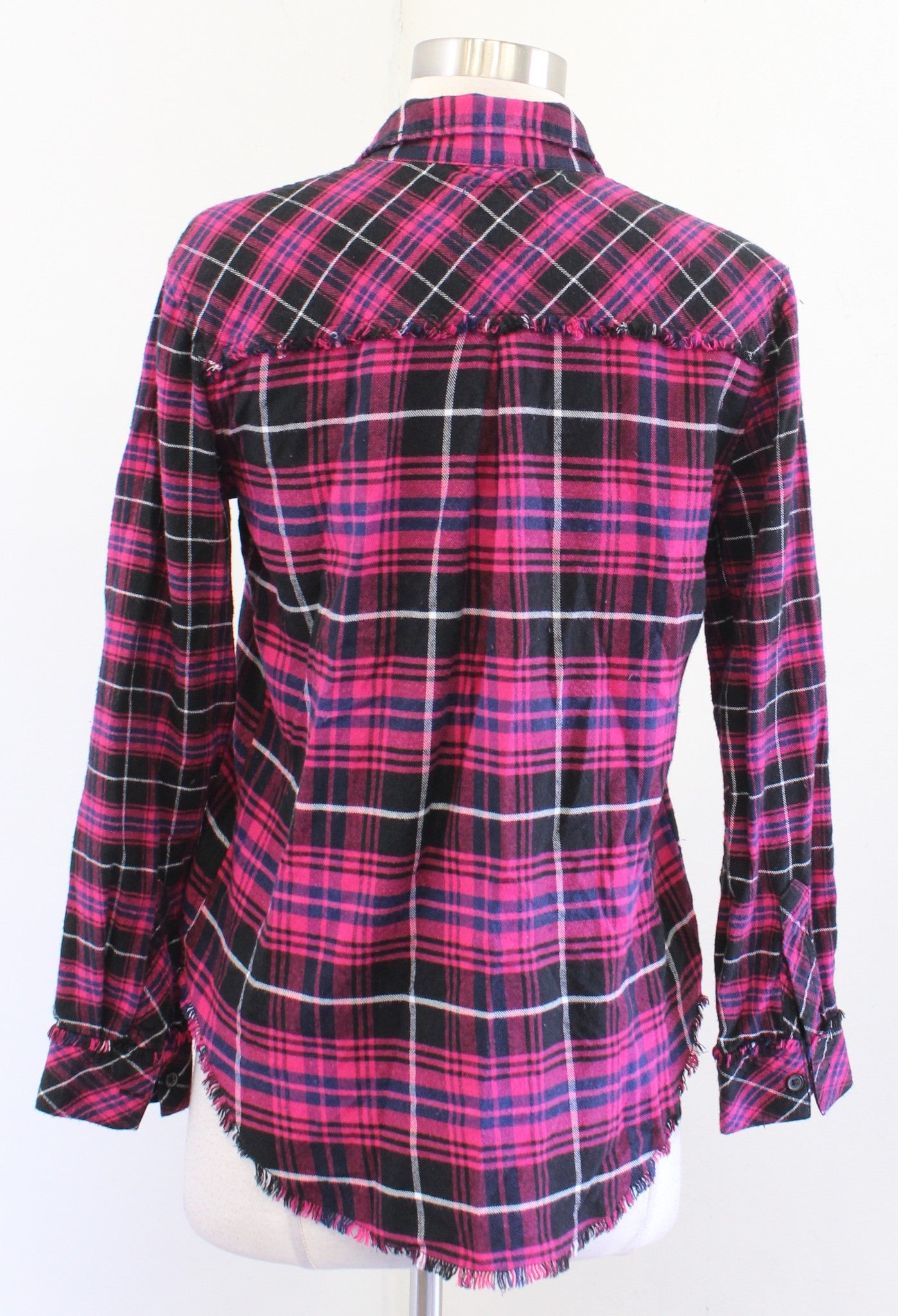RAILS Brock Pink Plaid Raw Edge Fringe Hem Button Front Shirt Blouse Size XS