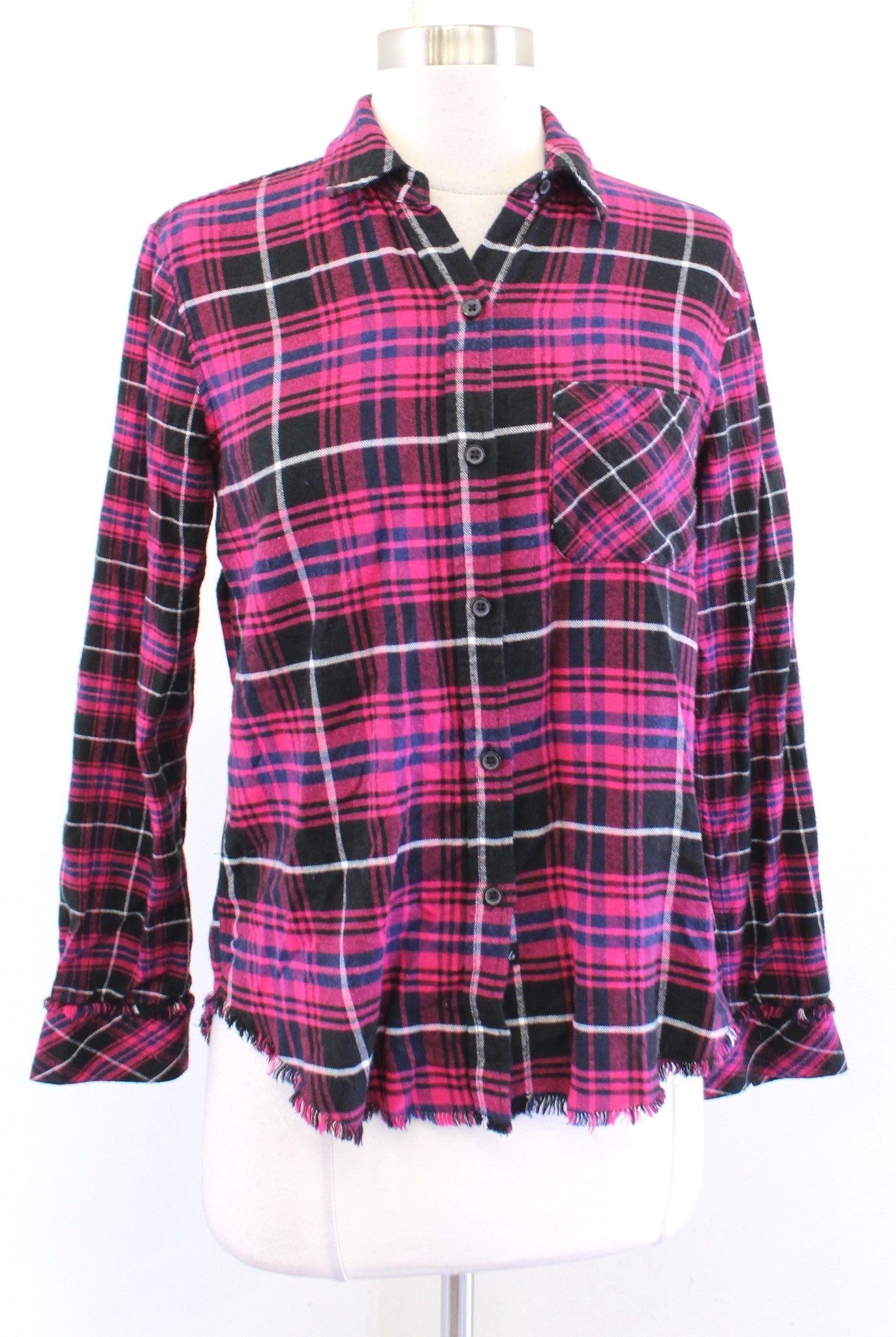 RAILS Brock Pink Plaid Raw Edge Fringe Hem Button Front Shirt Blouse Size XS