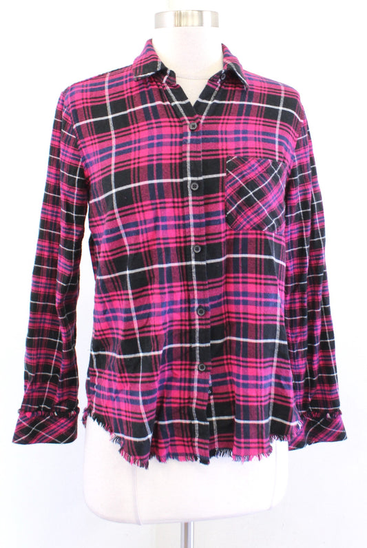 RAILS Brock Pink Plaid Raw Edge Fringe Hem Button Front Shirt Blouse Size XS