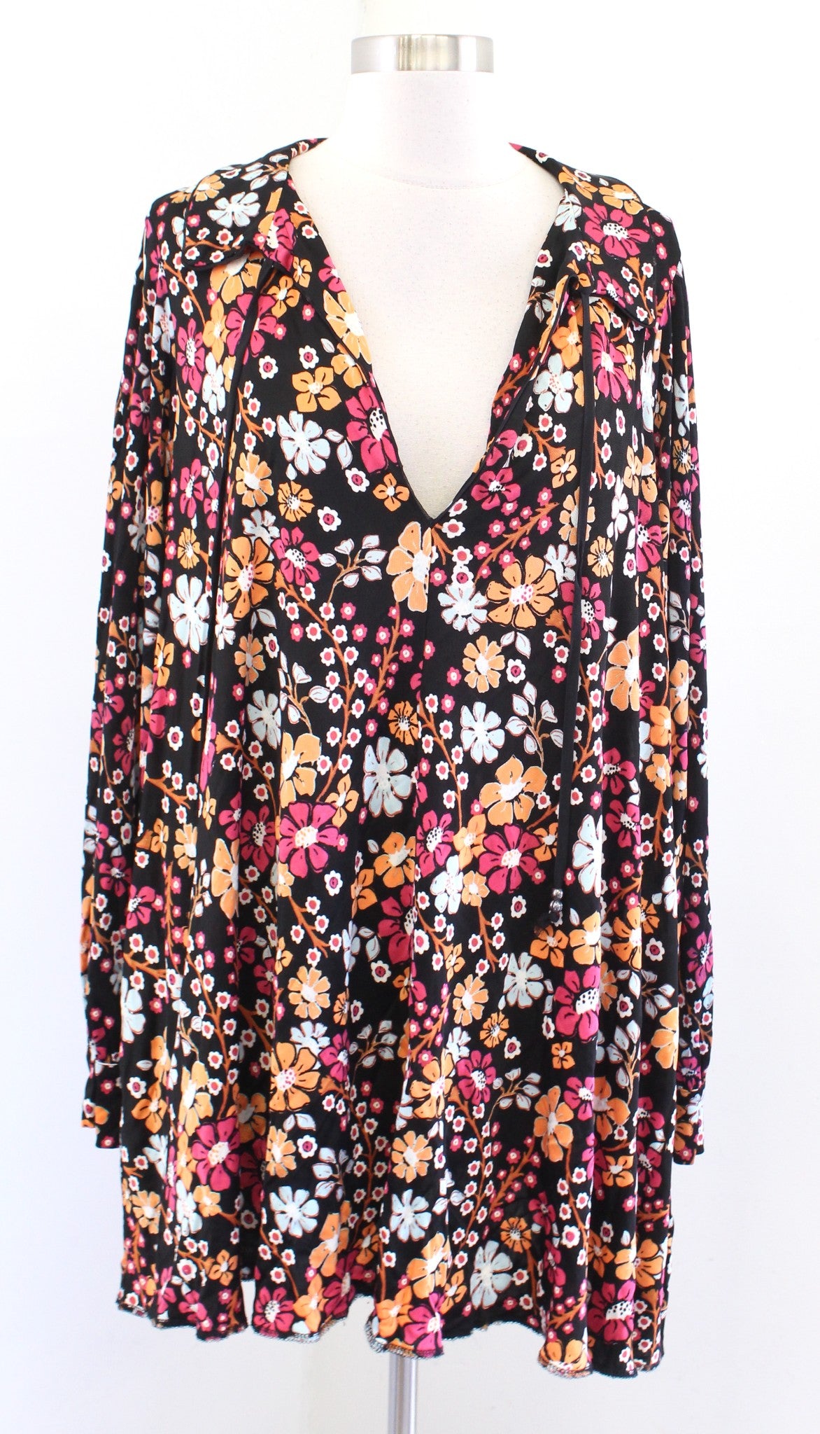 Free People Daisy Jane Black Colorful Floral Mini Tunic Dress Size M Tie Neck