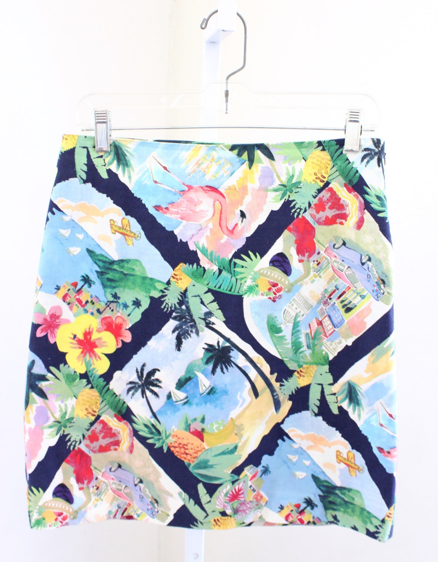 Talbots Navy Blue Tropical Flamingo Beach Sailboat Print Novelty Skirt Size 6P