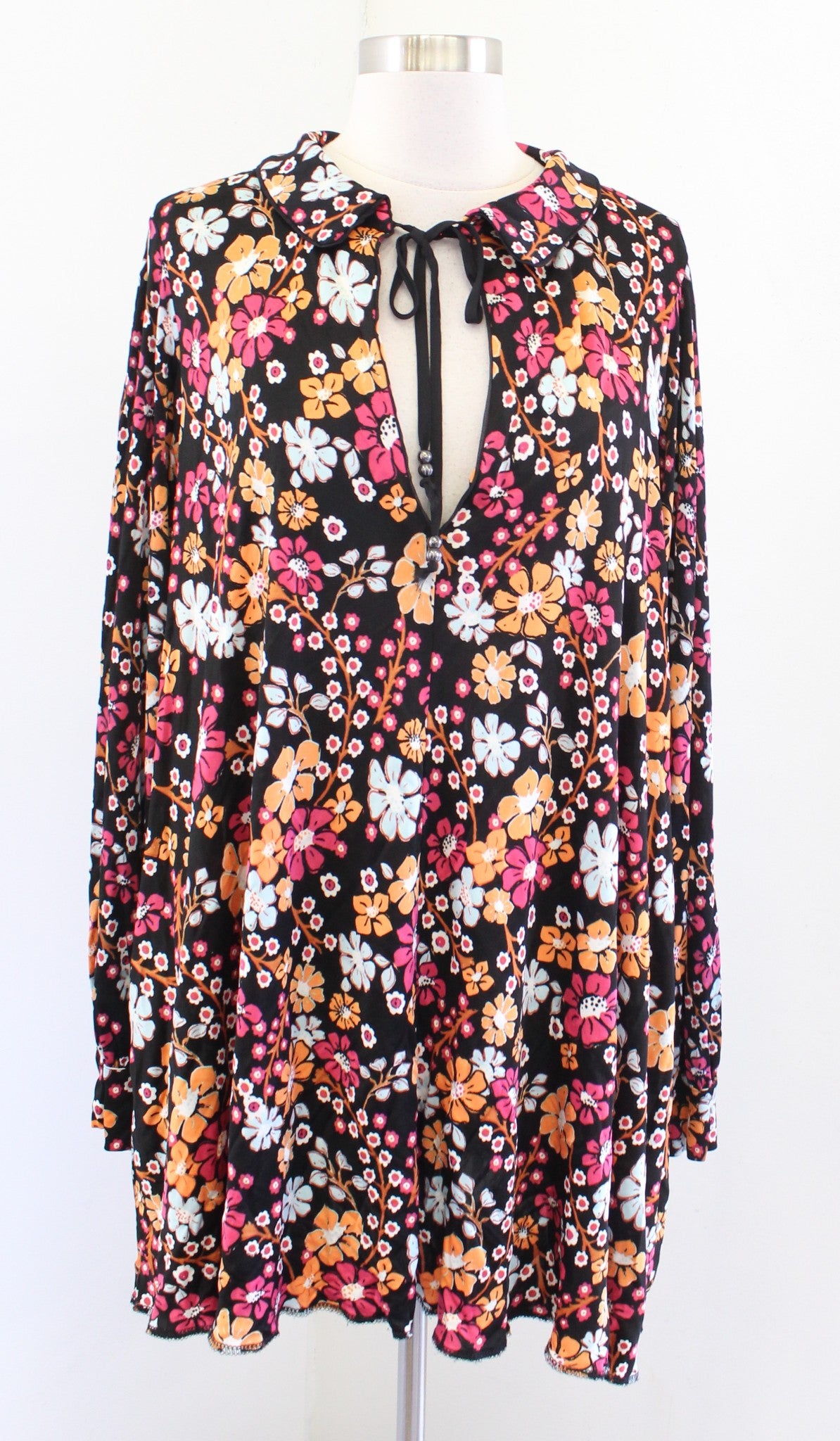 Free People Daisy Jane Black Colorful Floral Mini Tunic Dress Size M Tie Neck