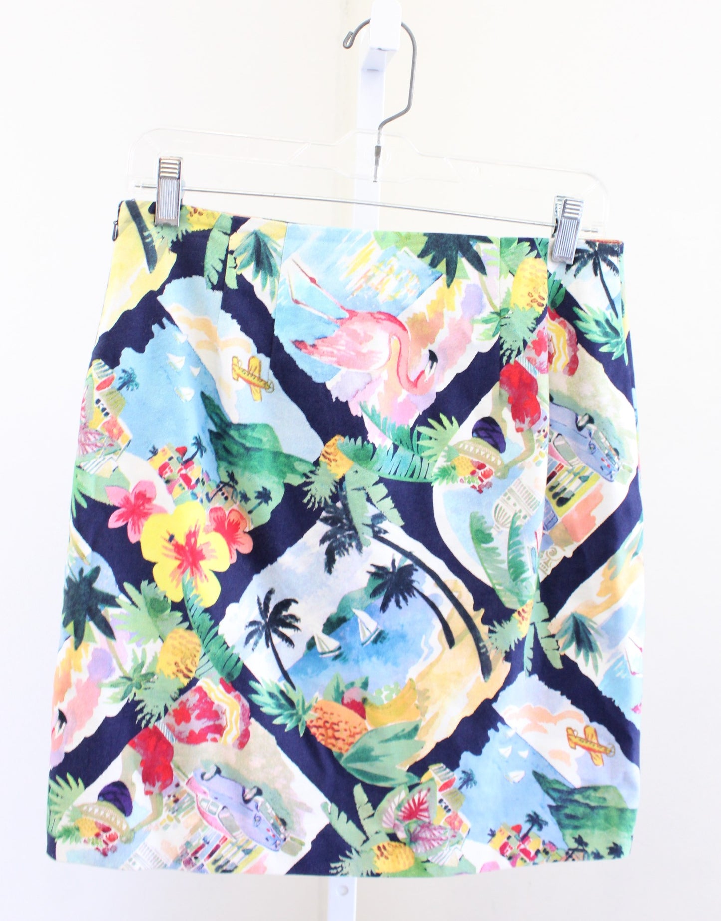 Talbots Navy Blue Tropical Flamingo Beach Sailboat Print Novelty Skirt Size 6P