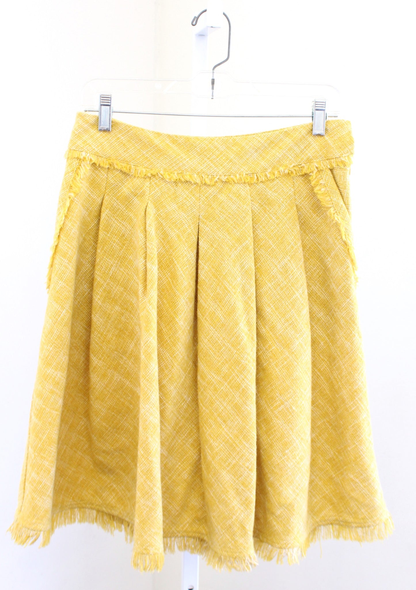 Maeve Anthropologie Yellow Tweed Fringe Trim Pleated Skirt Size 4 A Line