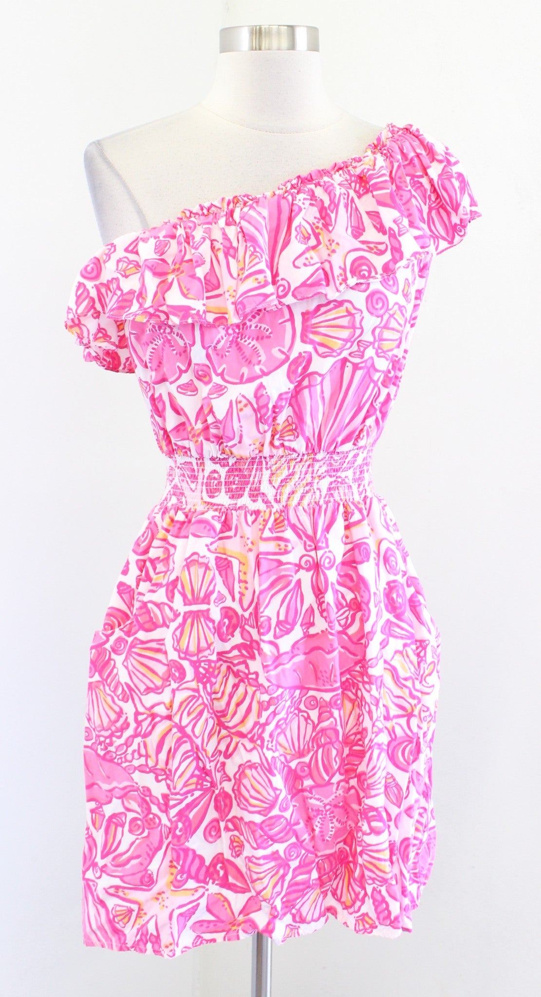 Lilly Pulitzer Jessy Ruffle One Shoulder Sailors Valentine Hotty Pink Dress Sz S