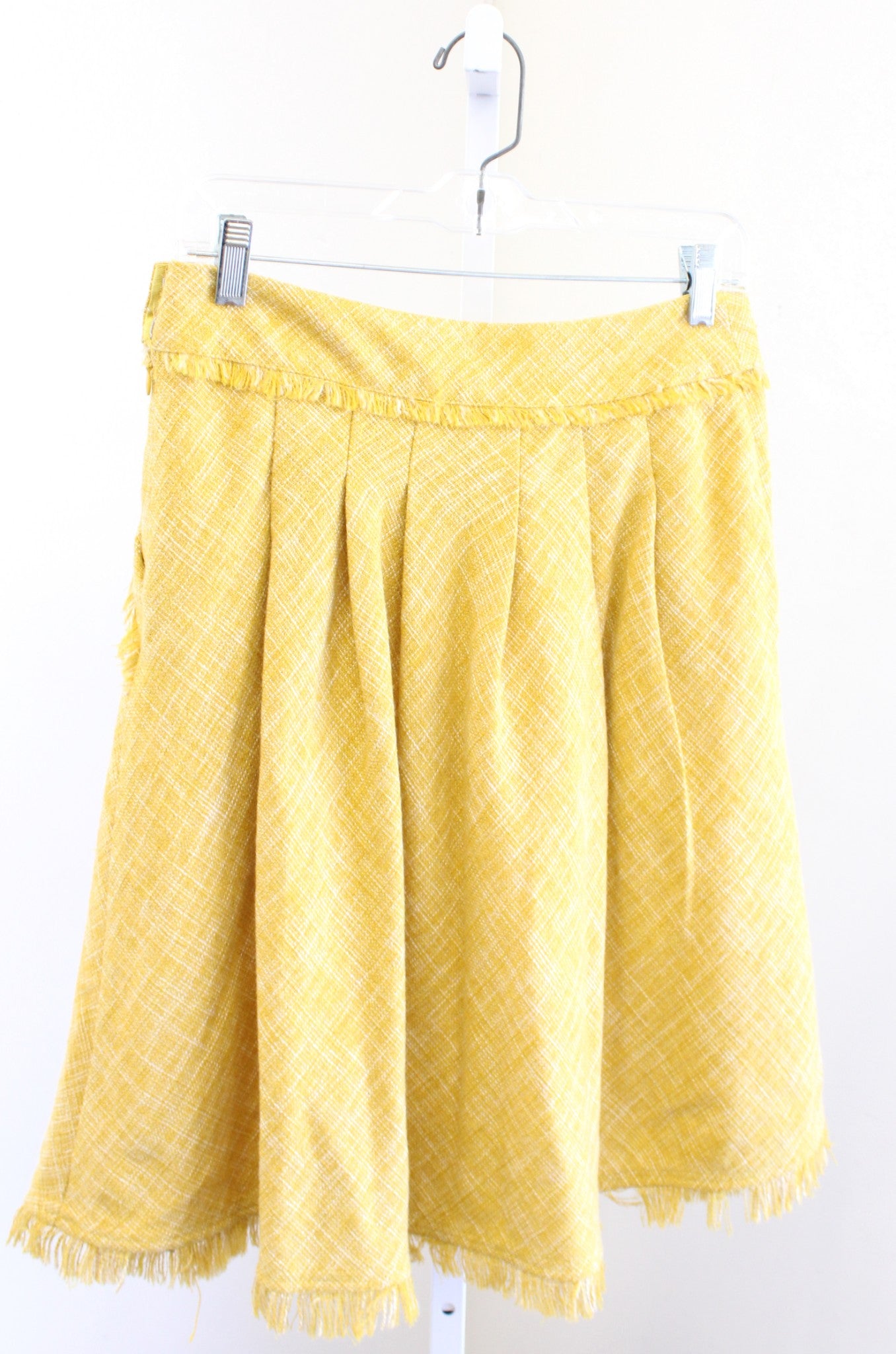 Maeve Anthropologie Yellow Tweed Fringe Trim Pleated Skirt Size 4 A Line