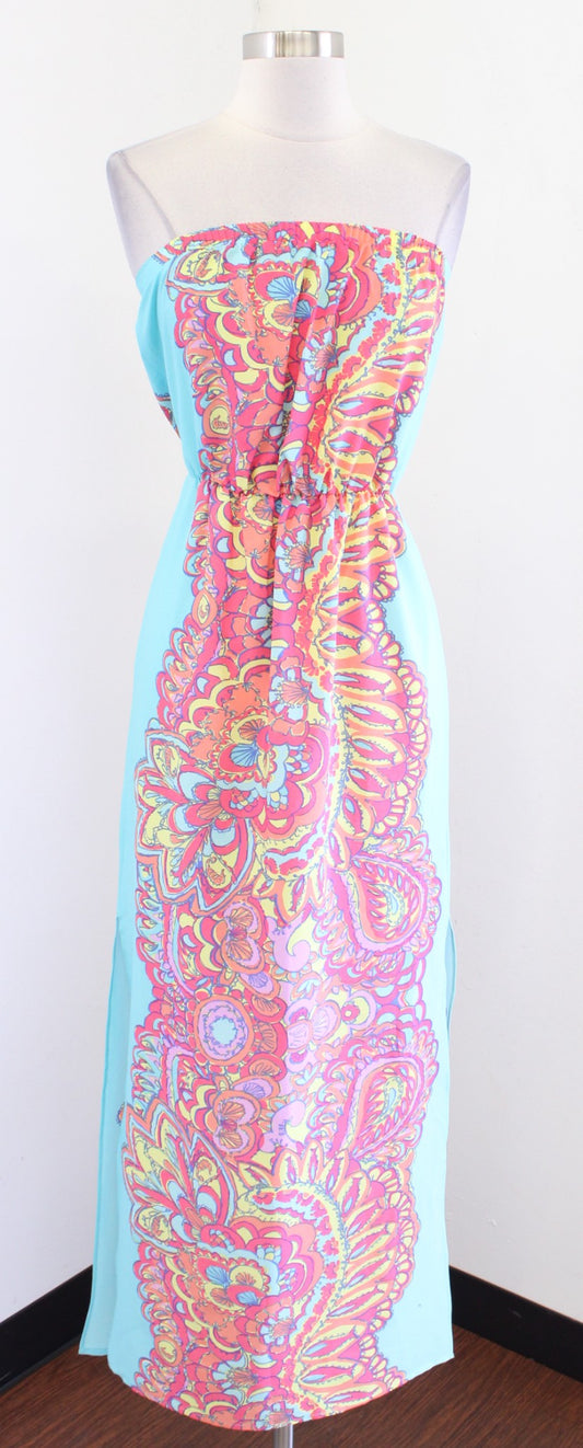 Lilly Pulitzer Emmett Blue Color Block Strapless Maxi Dress Size XS Paisley