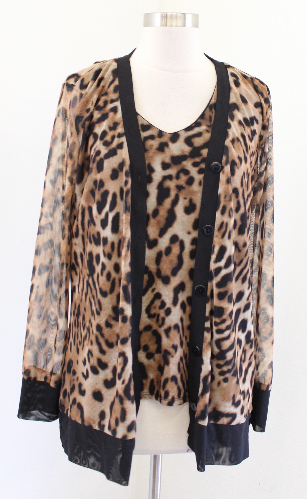Chicos Leopard Animal Print Mesh Tank Top & Cardigan Twin Set Size 0 Black Brown
