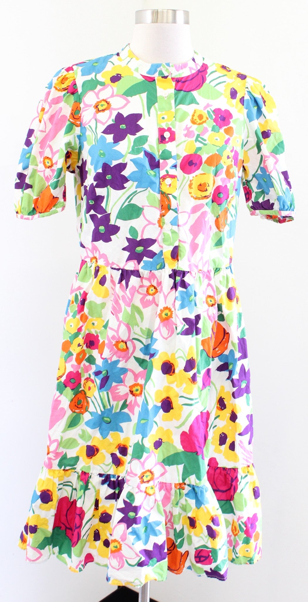 J Crew Vibrant Garden Colorful Floral Print Puff Sleeve Dress Size 6 Flounce Hem