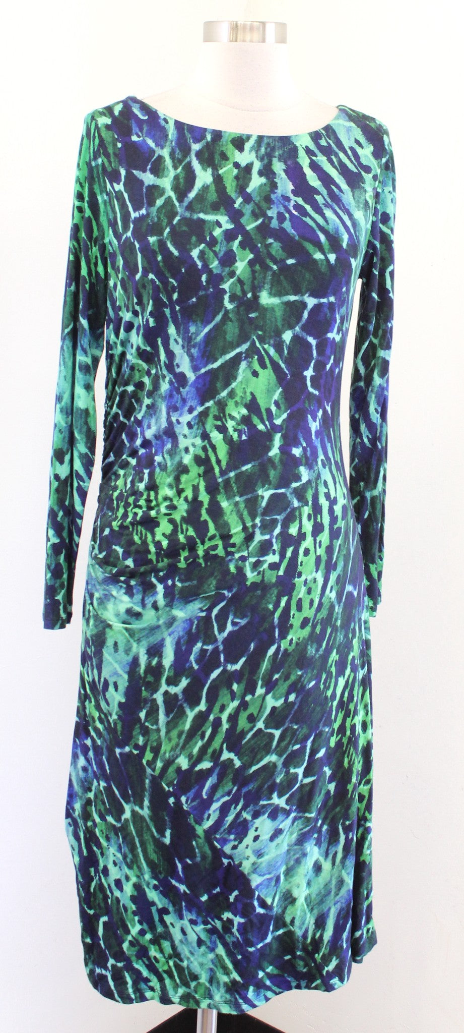 Soft Surroundings Blue Green Abstract Animal Print Knit Ruched Midi Dress Size S