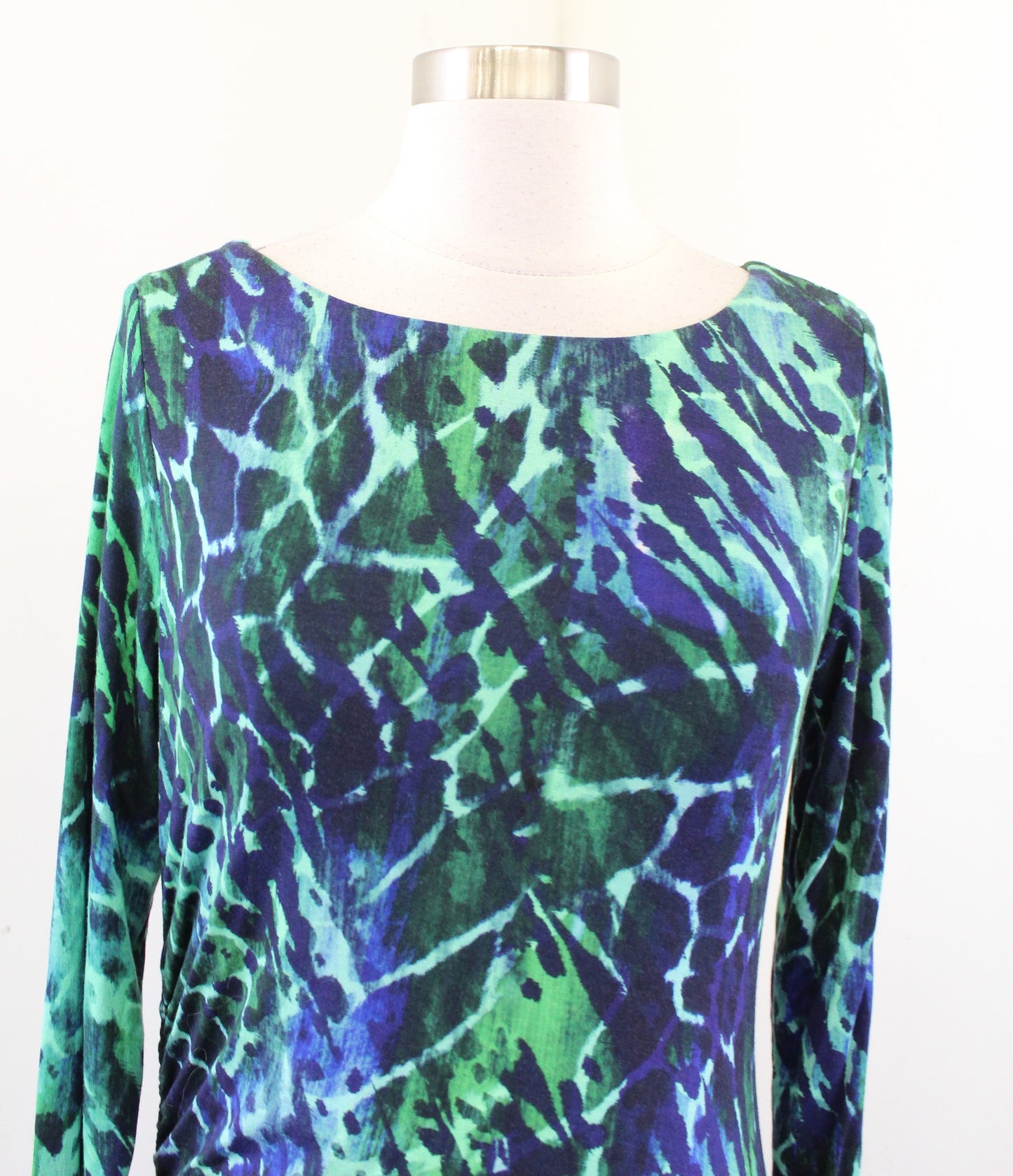 Soft Surroundings Blue Green Abstract Animal Print Knit Ruched Midi Dress Size S