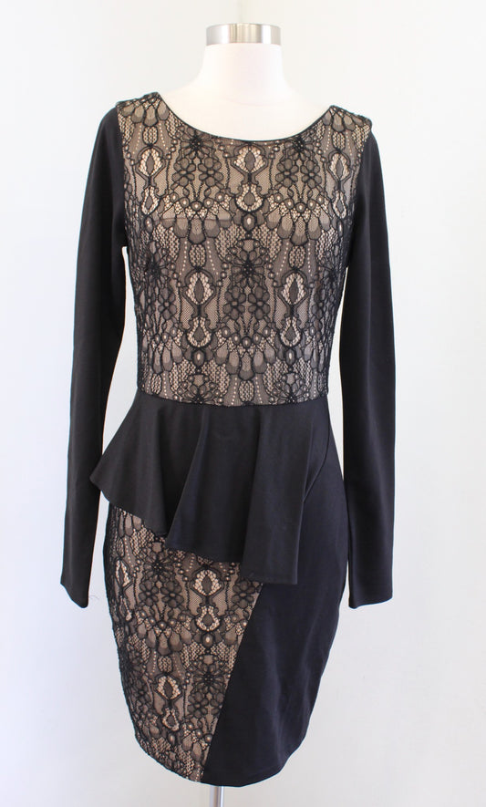 Bebe Black Beige Nude Lace Knit Contrast Long Sleeve Peplum Sheath Dress Size M
