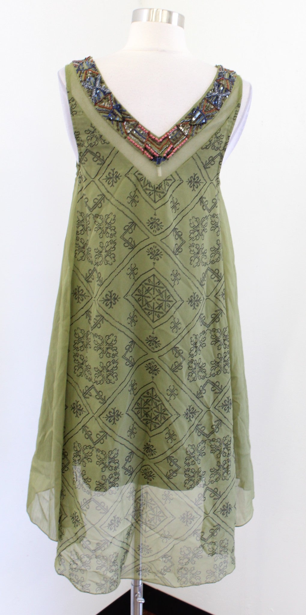 Free People Ancient Mystery Green HI Lo Beaded Tunic Dress Size XS Geometric