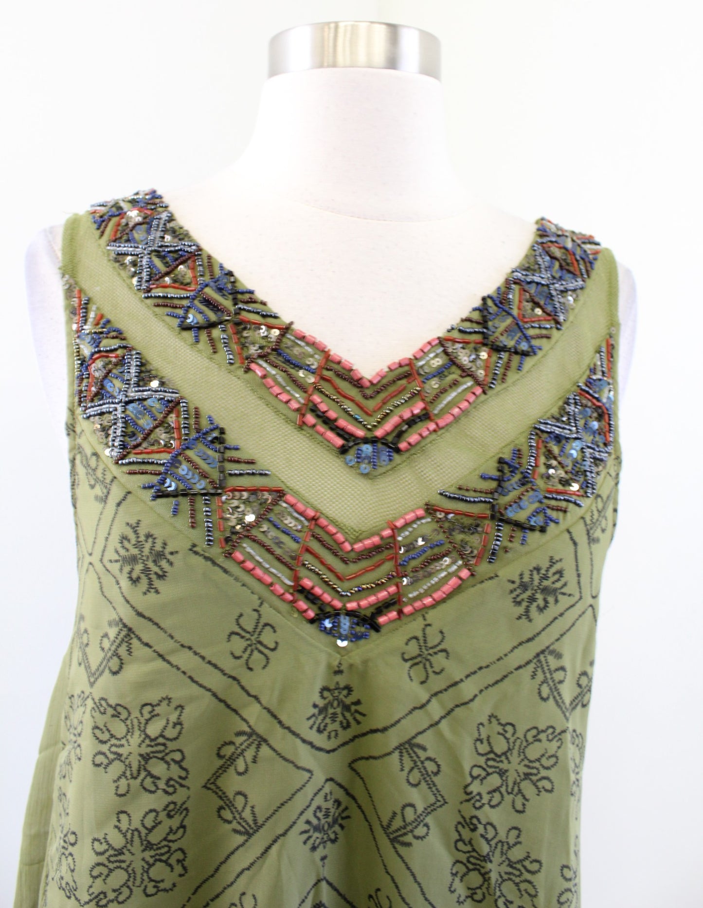Free People Ancient Mystery Green HI Lo Beaded Tunic Dress Size XS Geometric