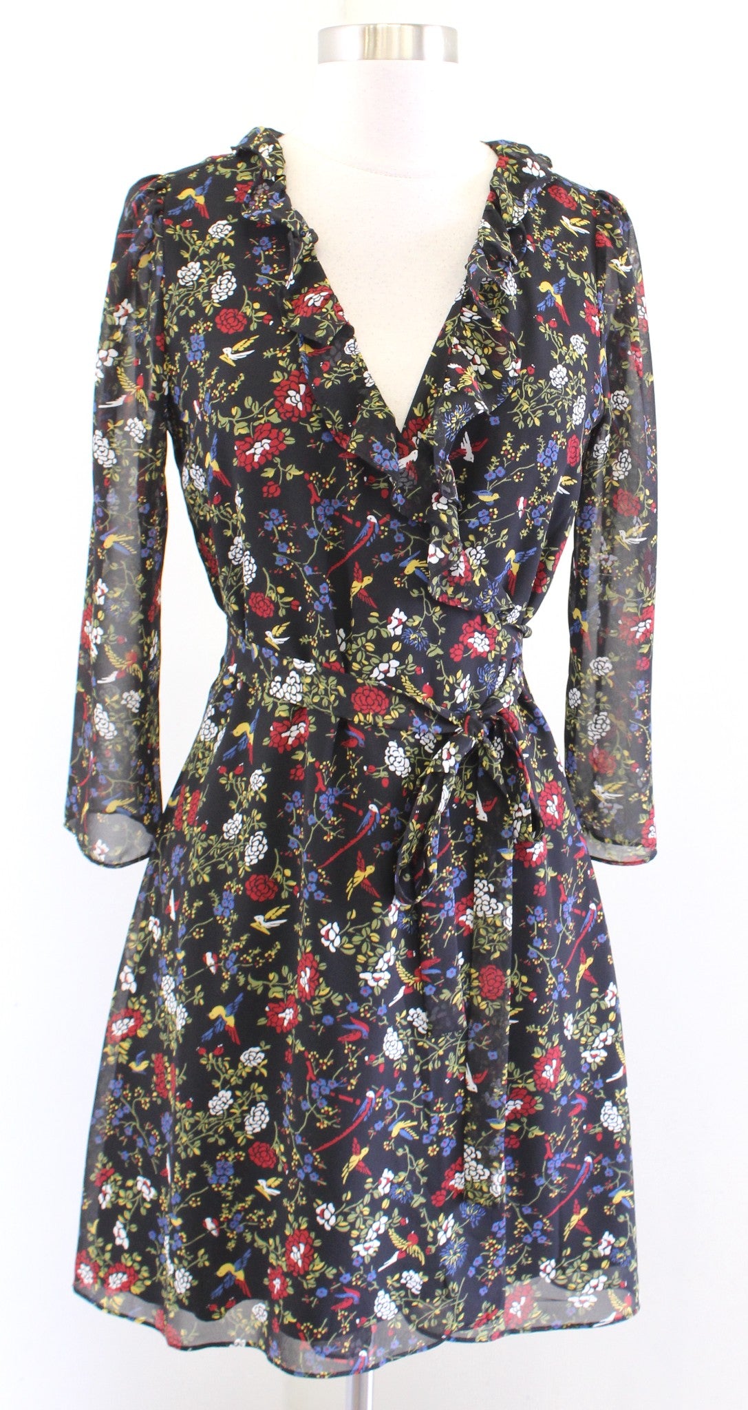 Madewell Black Finch Floral Bird Print Ruffle Trim Wrap Tie Dress Size XS V Neck