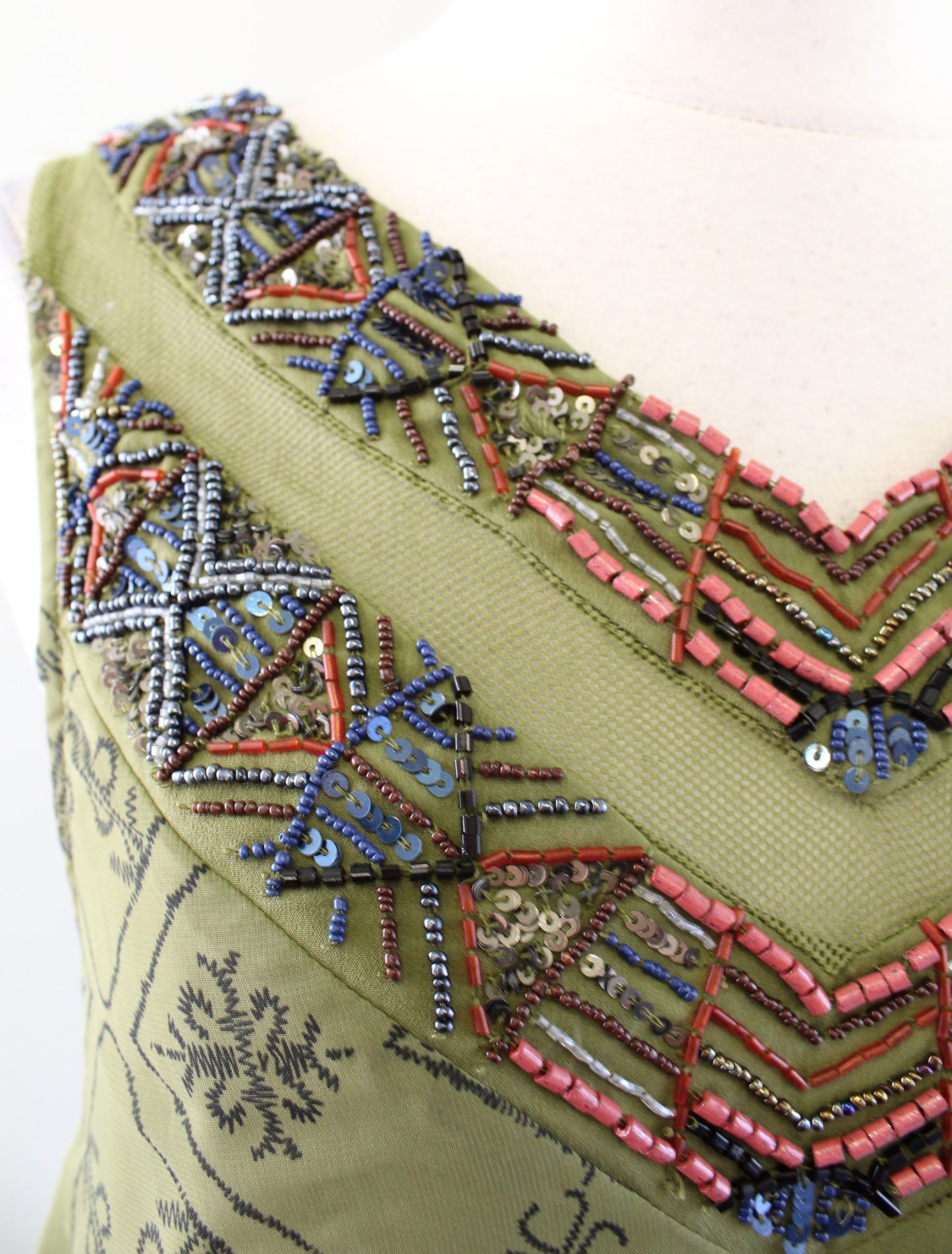 Free People Ancient Mystery Green HI Lo Beaded Tunic Dress Size XS Geometric