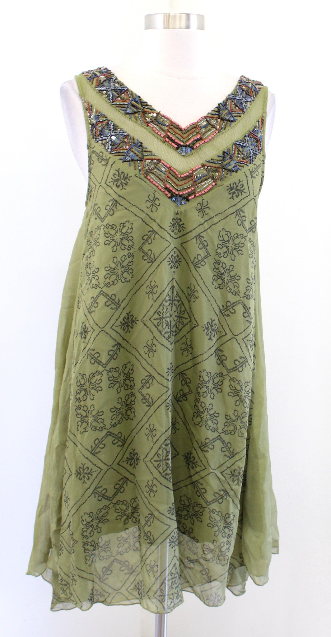 Free People Ancient Mystery Green HI Lo Beaded Tunic Dress Size XS Geometric