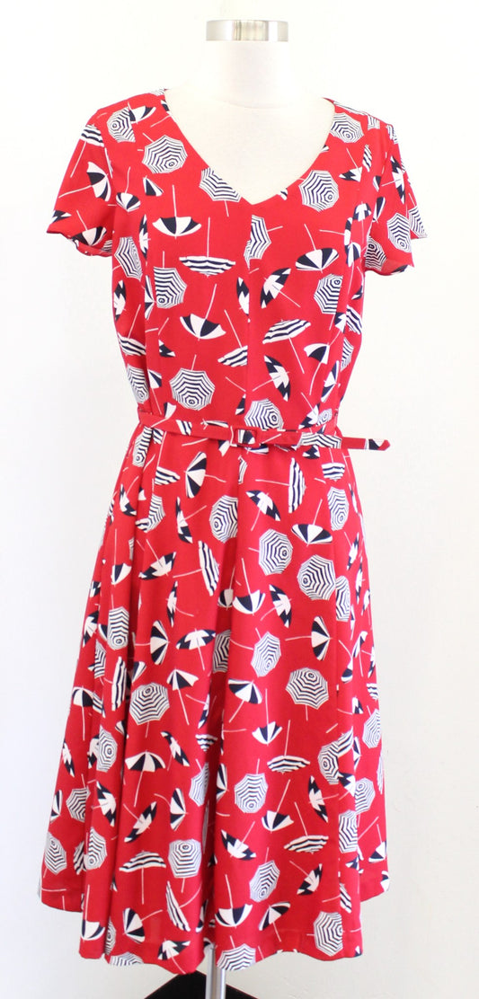 Talbots Red Black White Novelty Umbrella Print A Line Belted Dress size 6 V Neck