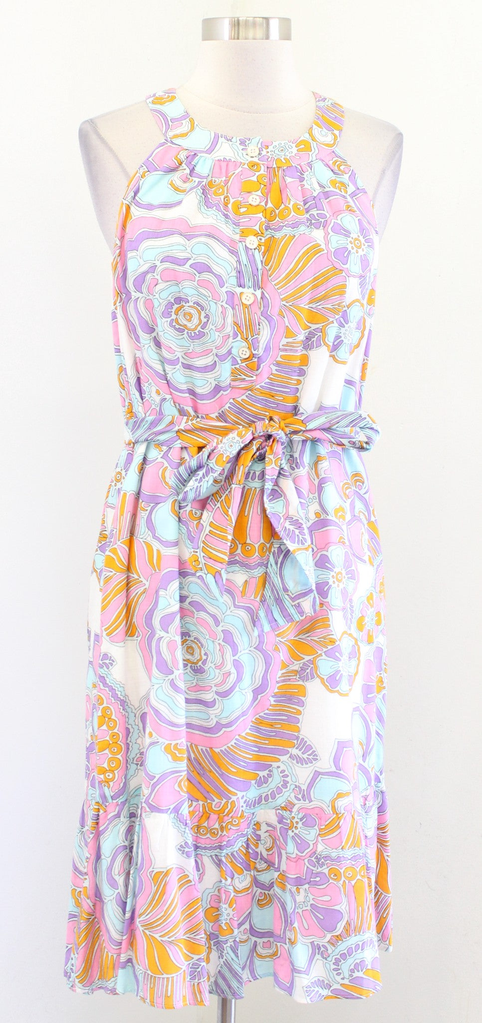 Trina Turk Coral Cables Floral Halter Racerback Tie Waist Dress Size S Summer