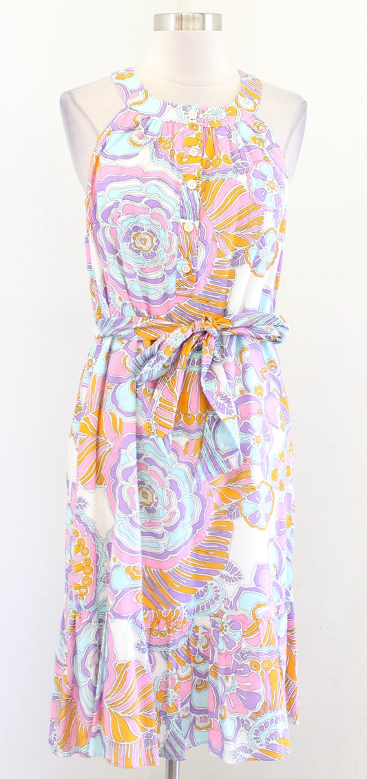 Trina Turk Coral Cables Floral Halter Racerback Tie Waist Dress Size S Summer