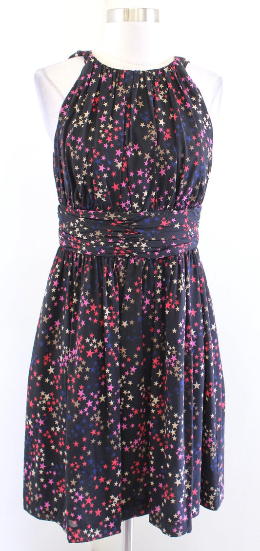 NWT Trina Turk Black Silk Star Print Gathered Halter Sheath Dress Size 6 Pink