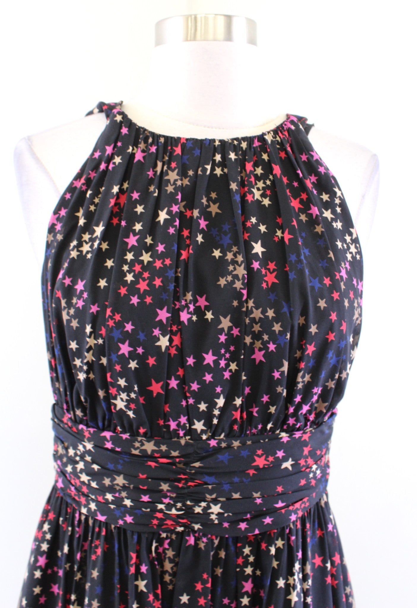 NWT Trina Turk Black Silk Star Print Gathered Halter Sheath Dress Size 6 Pink