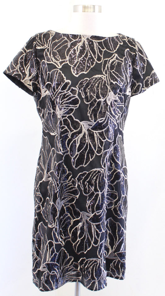 Tahari ASL Levine Black Champagne Gold Floral Embroidered Sequin Shift Dress 8