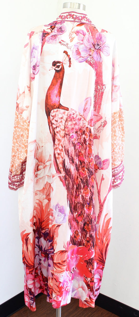 NWT Soft Surroundings Faye Silk Blend Peacock Print Kimono Robe Duster Size 3X