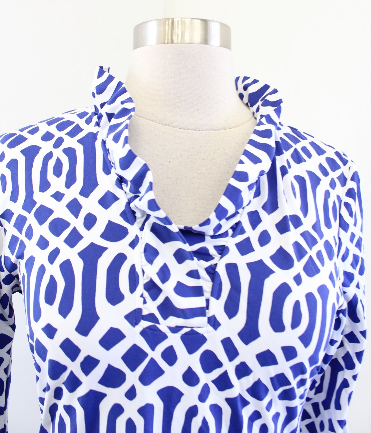 J McLaughlin Durham Blue White Geometric Ruffle Neck Catalina Cloth Dress Sz XS